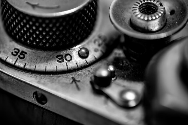 Counter, shutter button and rewind lever of vintage rangefinder camera