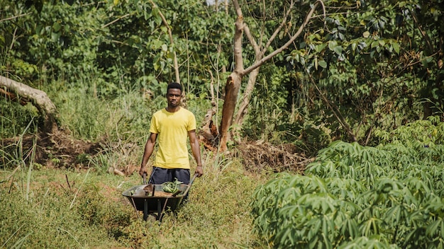 Free photo countryside man pushing a wheelbarrow