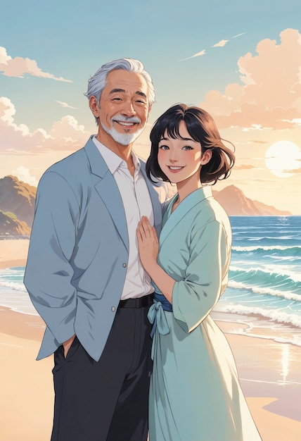 Couple by the beach illustrated in anime style