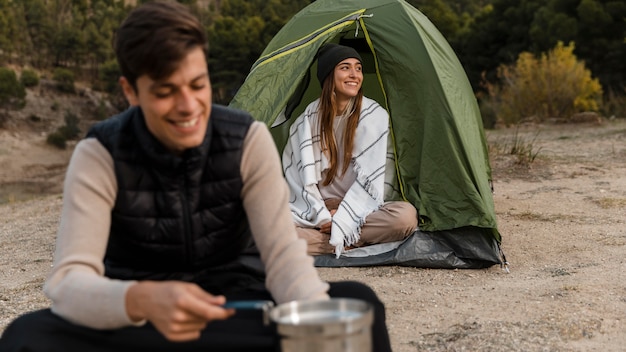 Free Photo couple camping and being happy outdoors