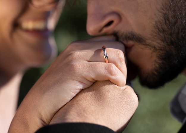 Free Photo couple celebrating engagement together