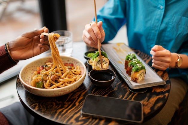 Couple enjoying food in restaurant