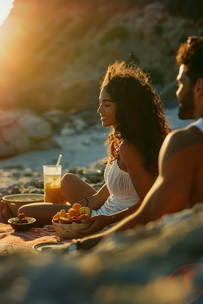 Couple enjoying a picnic together outdoors in summertime