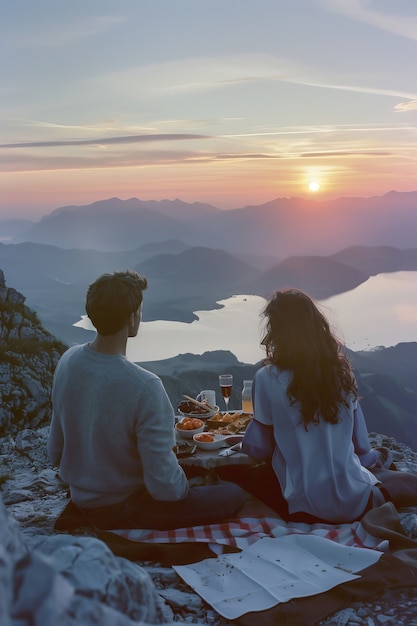 Free Photo couple enjoying a picnic together outdoors in summertime