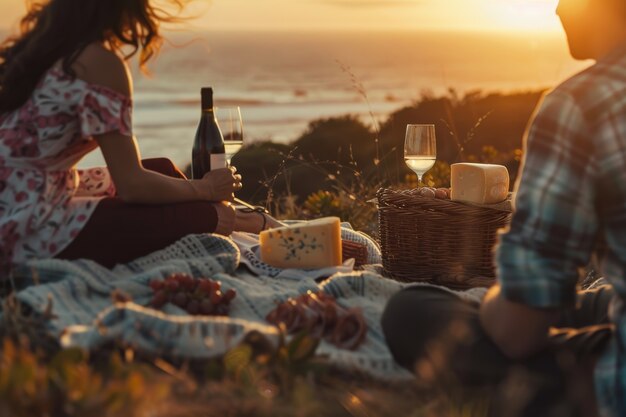 Couple enjoying a picnic together outdoors in summertime