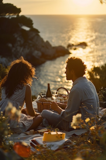 Free photo couple enjoying a picnic together outdoors in summertime