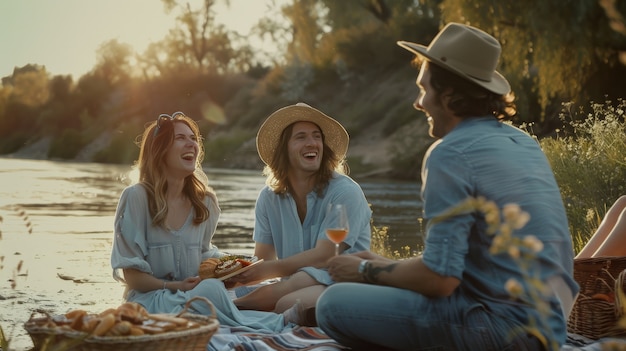 Free Photo couple enjoying a picnic together outdoors in summertime