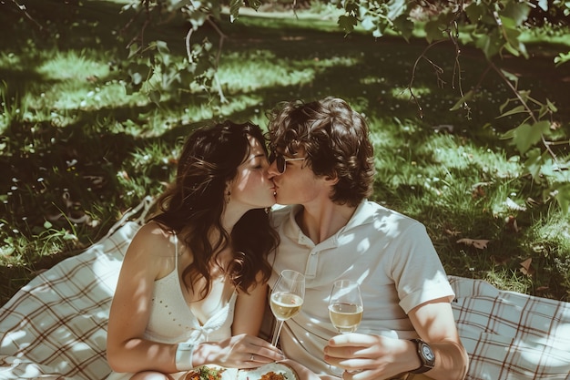 Free photo couple enjoying a picnic together outdoors in summertime