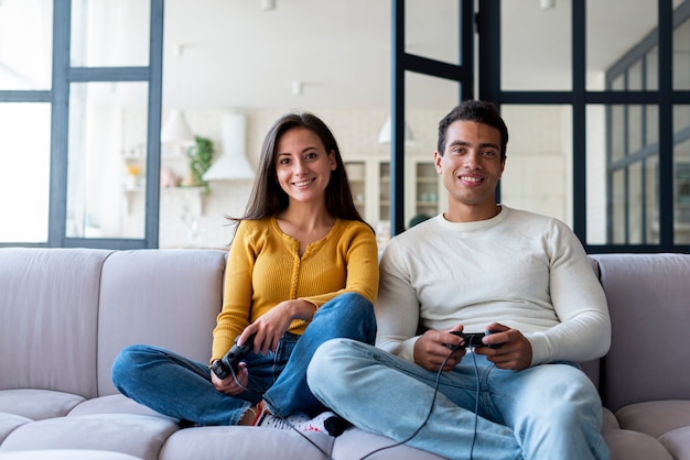 Couple enjoying video games together