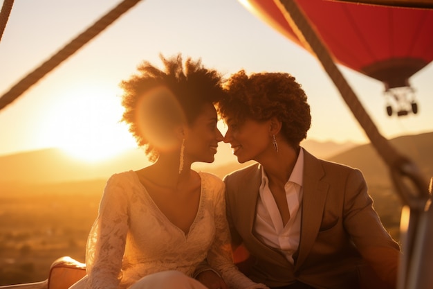 Free photo couple getting married in a hot-air-balloon