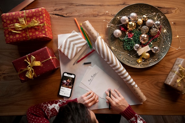 Couple giving each other christmas gifts