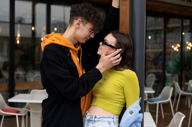 Couple having public intimacy moments