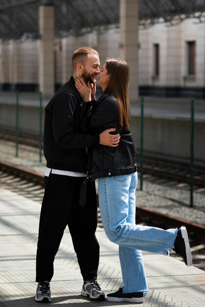 Couple having public intimacy moments