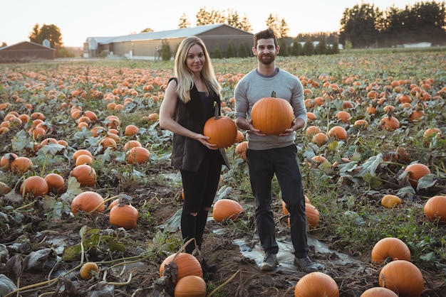 Couple holding pumpkin in pumpkin field