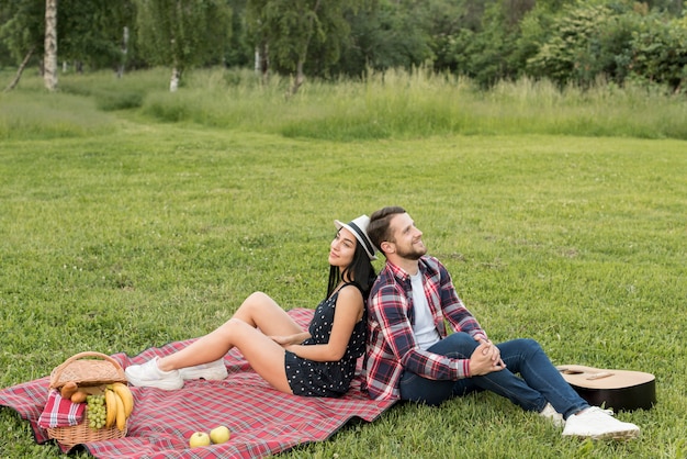 Couple posing on a picnic blanket