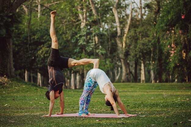 Couple at professional yoga pose