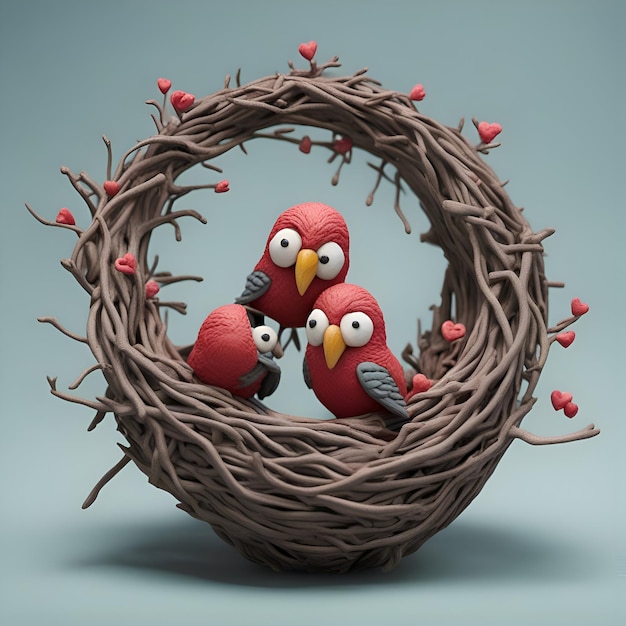 Free Photo couple of red birds in a nest with hearts on a blue background