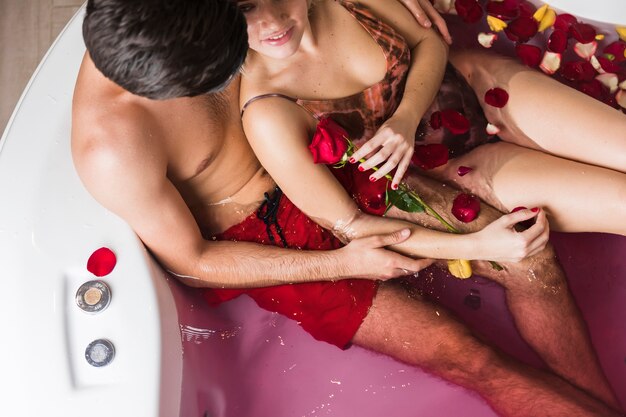 Couple taking a bath on valentines day