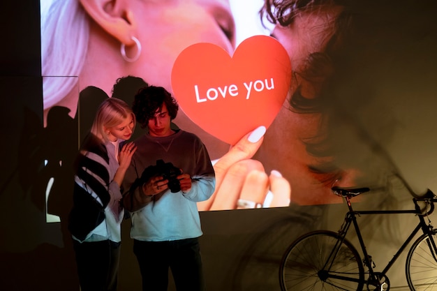 Couple taking photos in the light of movie projector