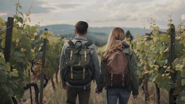 Free photo couple walking through a vineyard