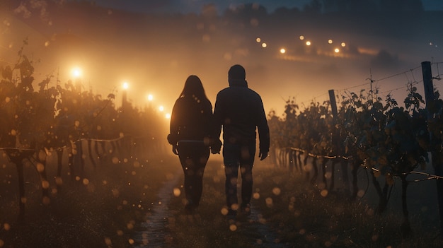 Free Photo couple walking through a vineyard