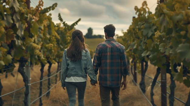 Free photo couple walking through a vineyard