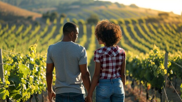 Couple walking through a vineyard