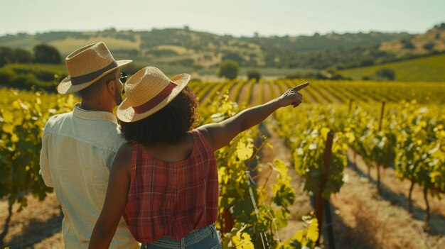 Couple walking through a vineyard