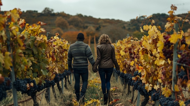 Free photo couple walking through a vineyard