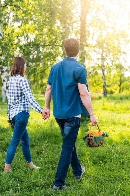 Couple walking with picnic basket on glade