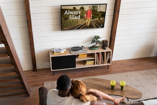 Free photo couple watching streaming service together in the living room