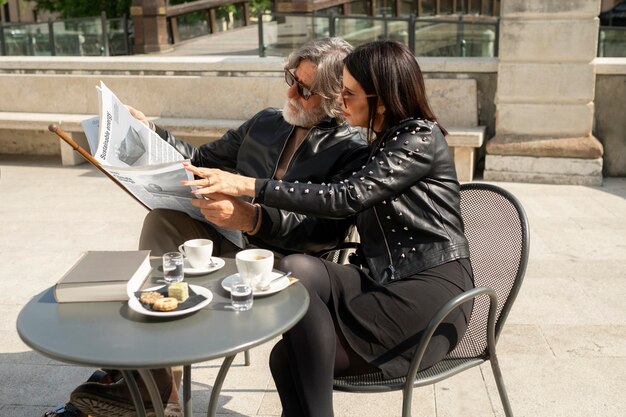 Couple wearing synthetic leather clothing