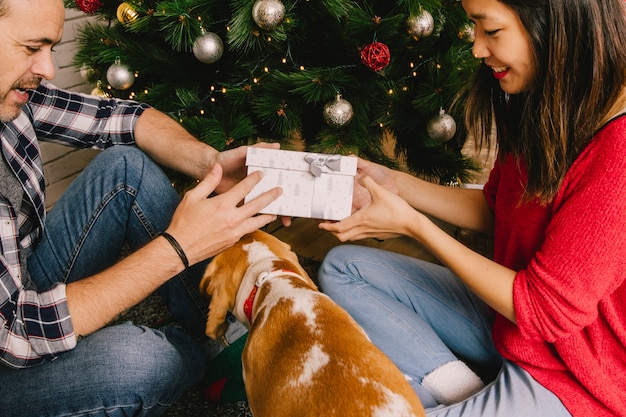 Free Photo couple with dog exchanging present