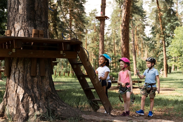 Free Photo courageous kids playing in an adventure park