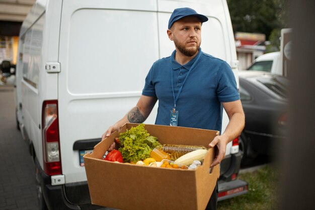 Courier delivering groceries home