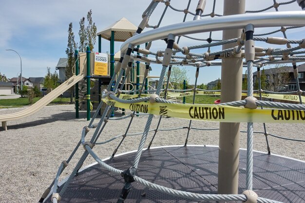 COVID 19 restrictions signs in a playground