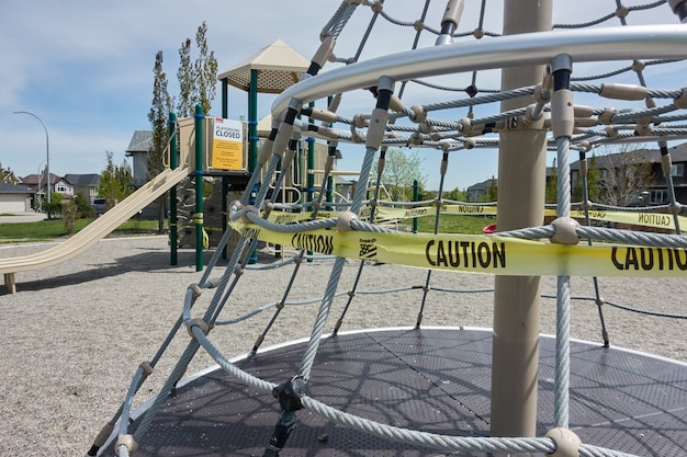 COVID 19 restrictions signs in a playground