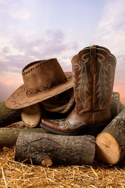 Cowboy inspiration with boots on logs