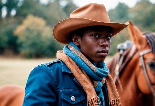 Cowboy portrait in daylight with out of focus landscape background