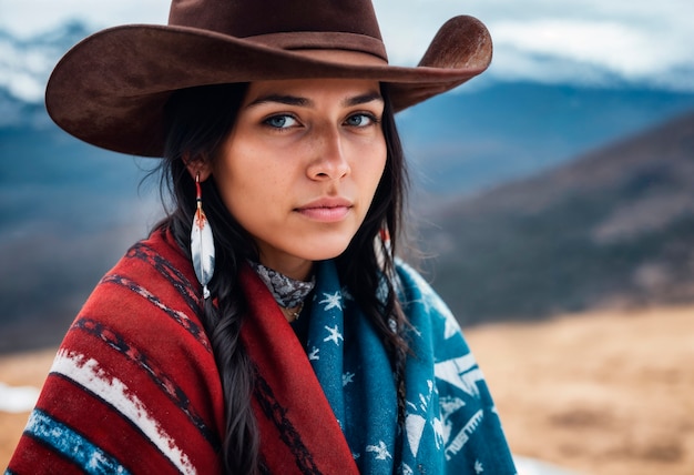 Cowboy portrait in daylight with out of focus landscape background