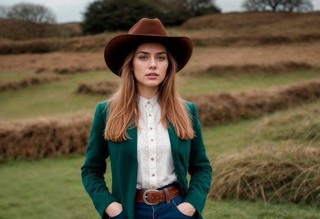 Cowboy portrait in daylight with out of focus landscape background