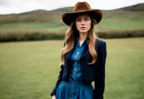 Free photo cowboy portrait in daylight with out of focus landscape background