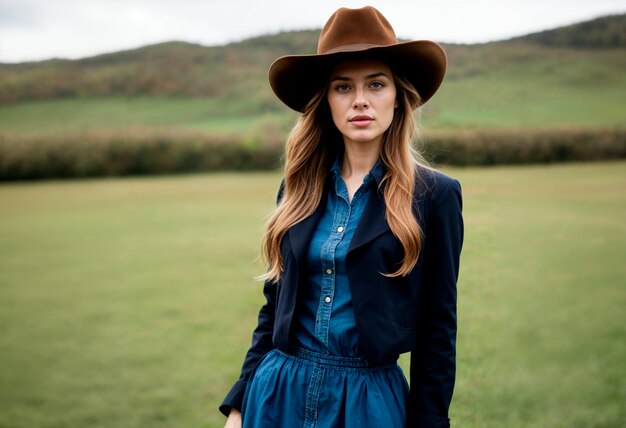 Cowboy portrait in daylight with out of focus landscape background