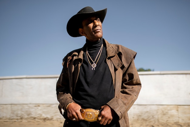 Cowboy silhouette against warm light