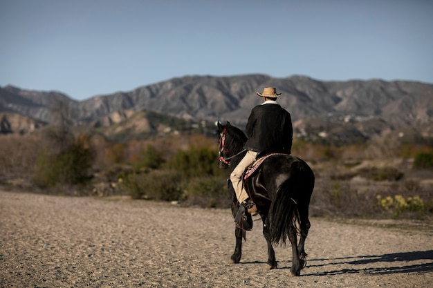 Free photo cowboy silhouette with horse against warm light