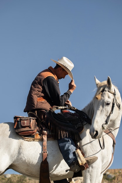 Cowboy silhouette with horse against warm light