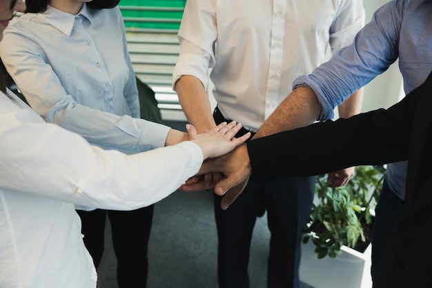 Free photo coworkers stacking hands together