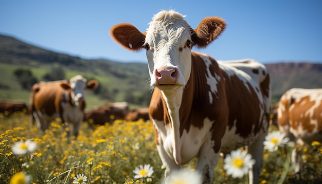 Free photo cows grazing in a green meadow a picturesque rural scene generated by artificial intelligence