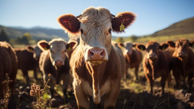 Cows grazing in a meadow in the countryside in the summer