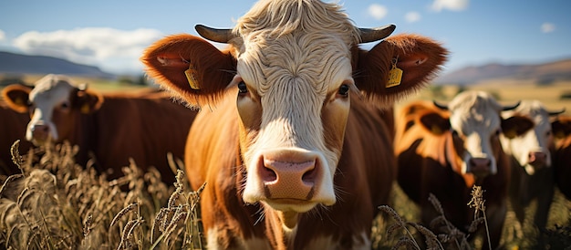 Cows grazing in a meadow on a sunny summer day